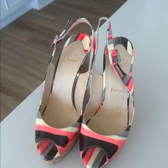 Christian Louboutin Coral and Cream Wedge Sandals - Picture 2 of 2